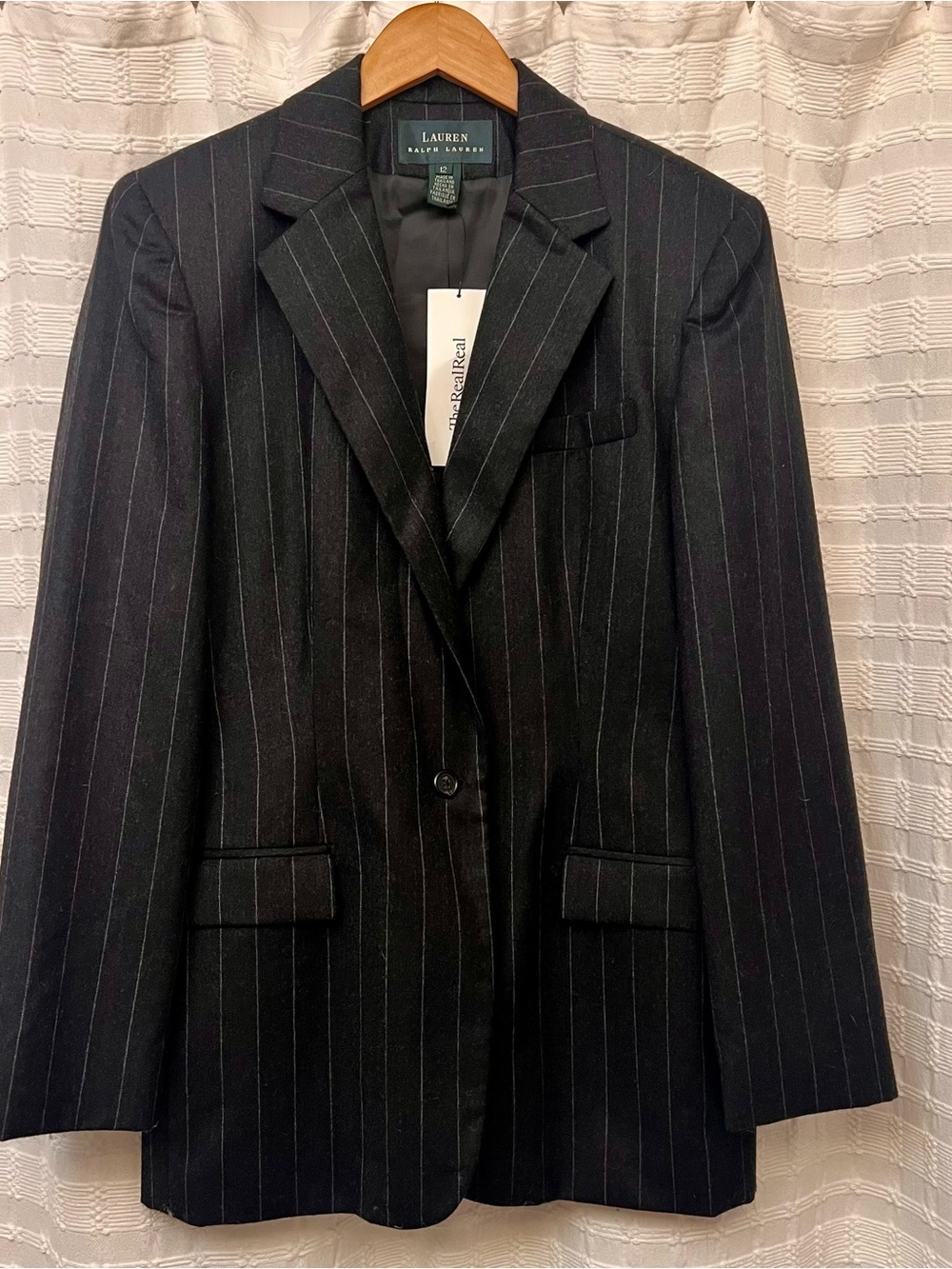 Ralph Lauren Black Pinstripe Women's Blazer size 12. Verified by the Real Real